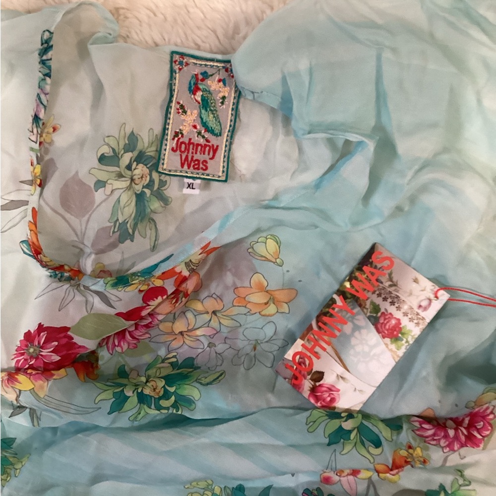 Johnny Was Light Aqua Floral Chiffon Tunic with Multicolor Blooms